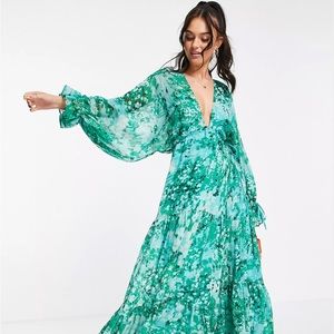 ASOS DESIGN maxi dress with tie waist in blurred blossom print
